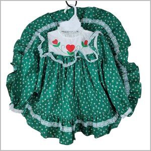 Vintage Girls Dress Frilly Ruffle Lace Full Circle 4T 4 USA Green Heart Floral